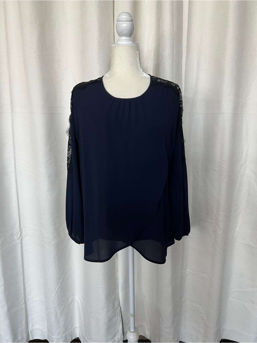 bobeau Navy Lace-Trim Long Sleeve Blouse